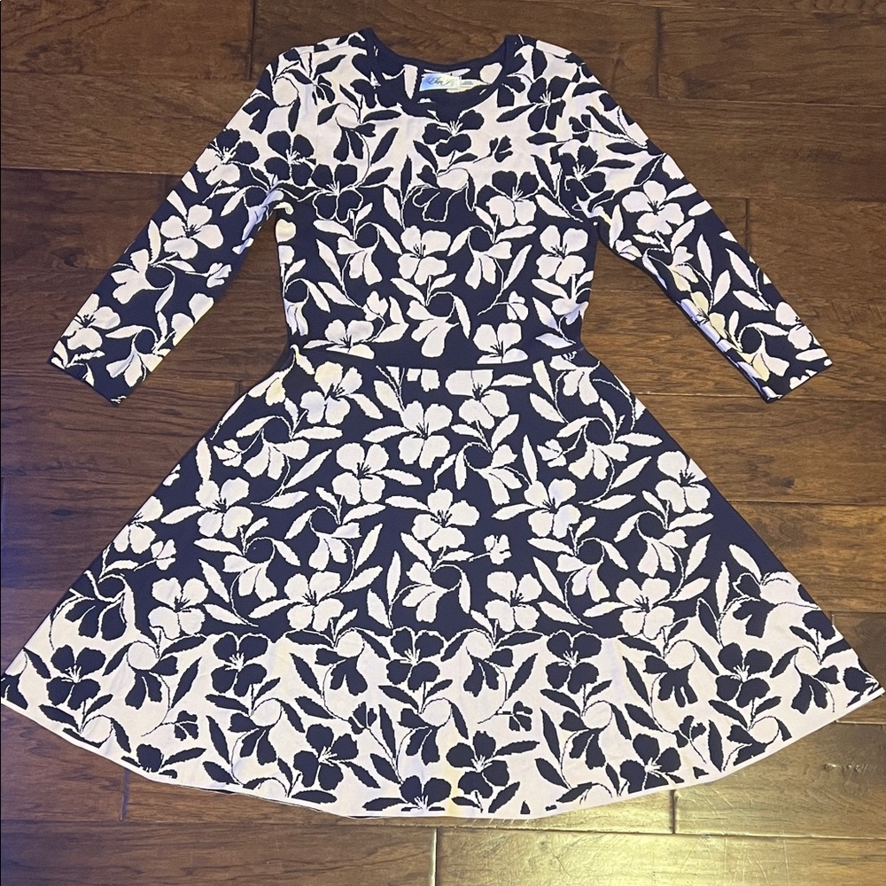 Eliza J Navy and Pink Floral Midi Dress
